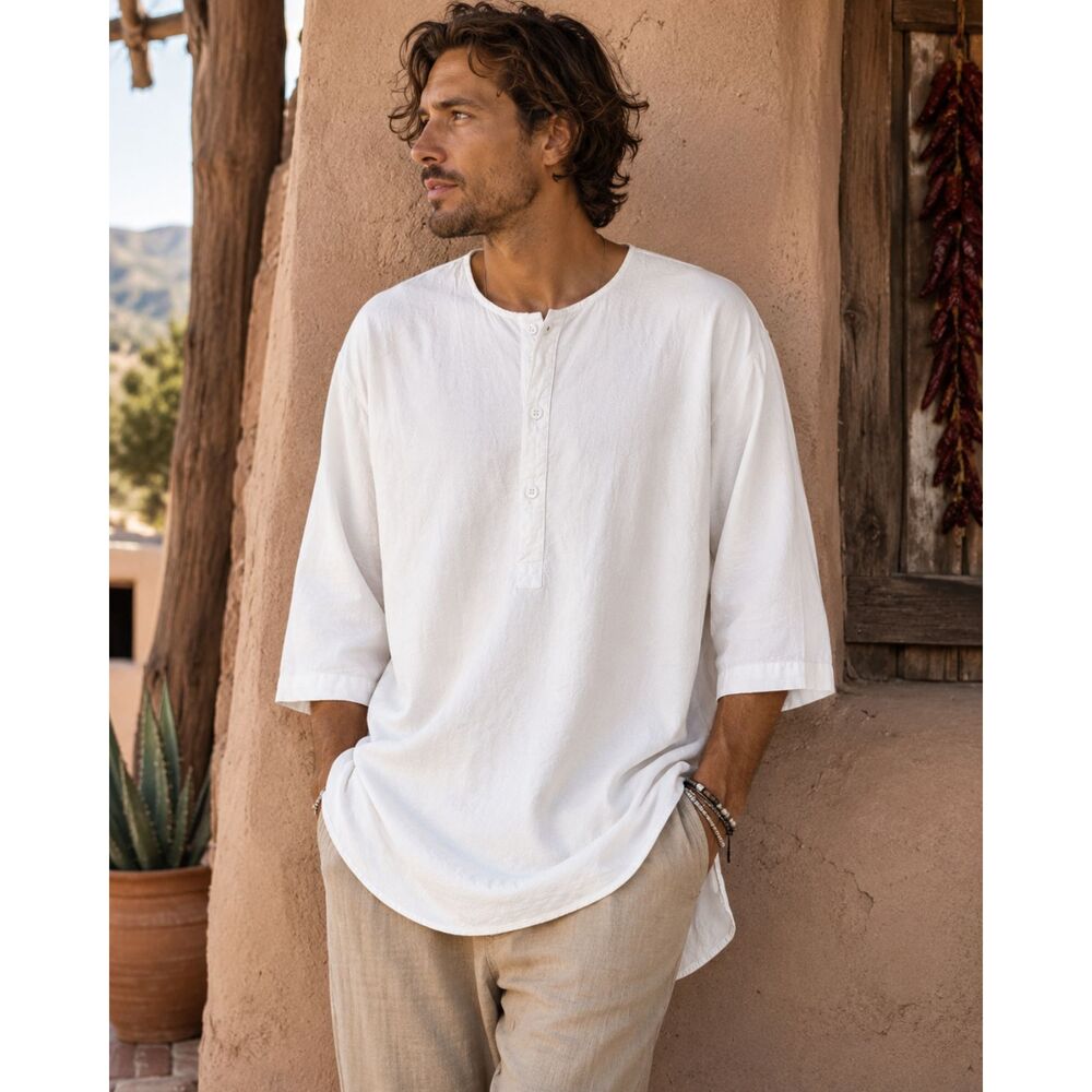 Mix Men's M Ivory Cotton Henley Shirt Boho Collarless 3/4 Sleeve